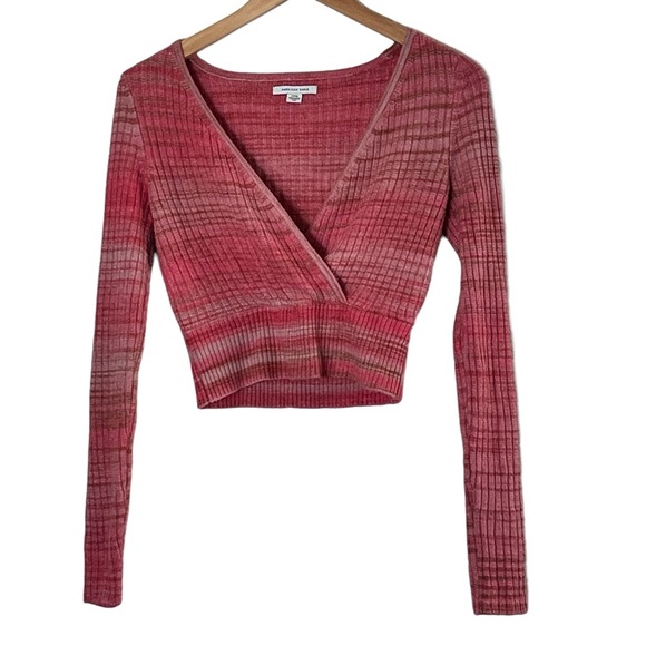 American Eagle | Pink wrap front striped knit v-neck fitted sweater size… - Picture 2 of 11